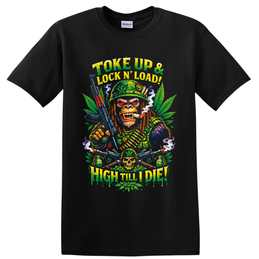 Psychedelic cannabis soldier monkey graphic with Toke Up and High Till I Die text on a Black T Shirt