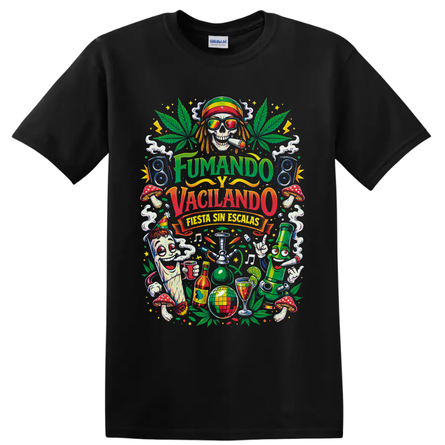 Psychedelic cannabis fiesta skull with speakers, mushrooms, and Fumando y Vacilando text on a Black T Shirt