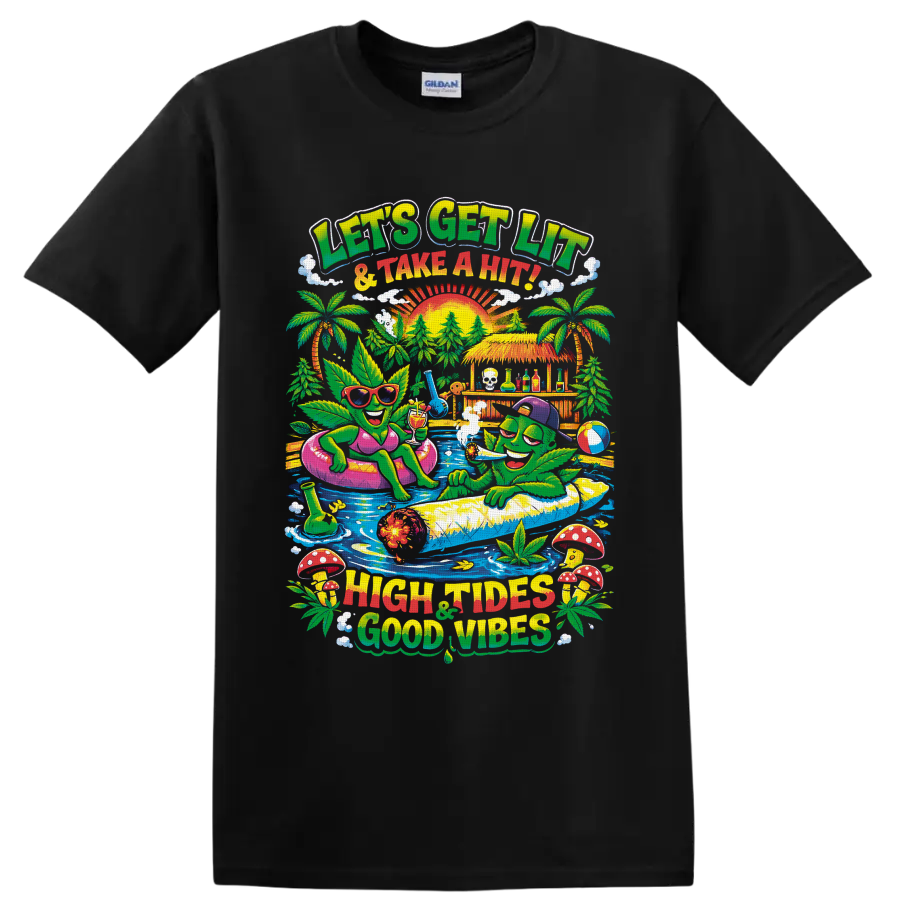 Retro cannabis leaf characters at a tropical pool party with High Tides Good Vibes text on a Black T Shirt