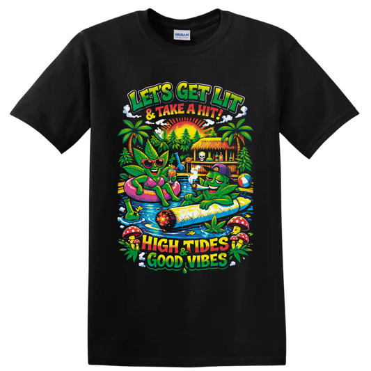 Retro cannabis leaf characters at a tropical pool party with High Tides Good Vibes text on a Black T Shirt