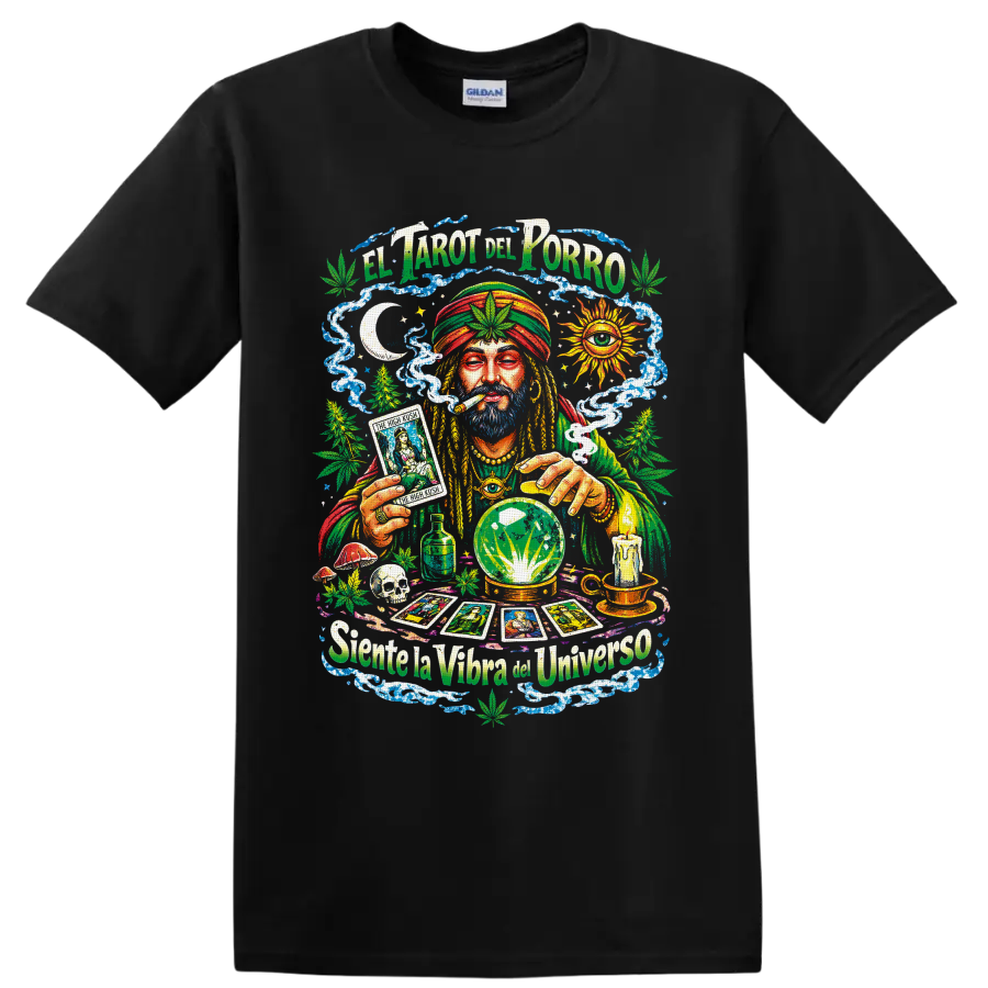 Psychedelic cannabis tarot reader with crystal ball and El Tarot del Porro text on a Black T Shirt