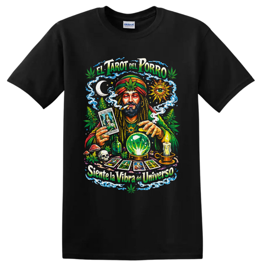 Psychedelic cannabis tarot reader with crystal ball and El Tarot del Porro text on a Black T Shirt