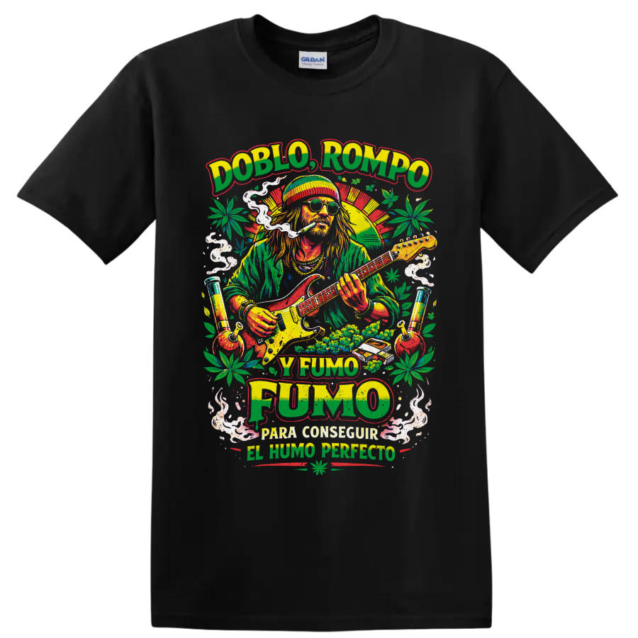 Doblo Rompo y Fumo guitarist with smoke, cannabis leaves, and retro poster art on a Black T Shirt