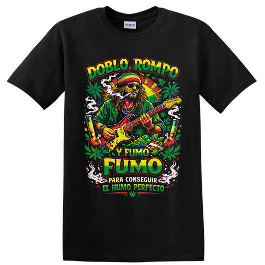 Doblo Rompo y Fumo guitarist with smoke, cannabis leaves, and retro poster art on a Black T Shirt