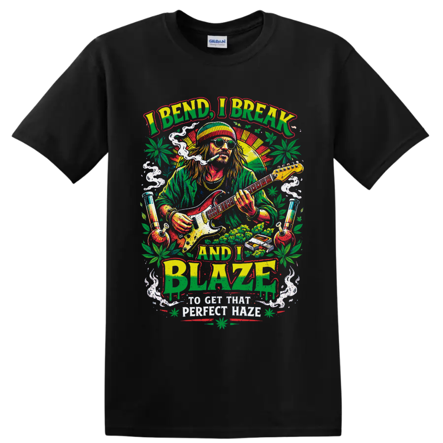 Retro cannabis guitarist graphic with smoke, leaves, water pipes, and I Bend I Break and on a Black T Shirt