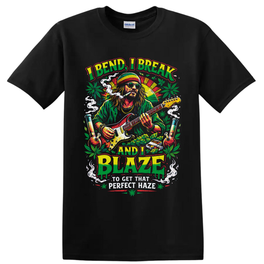 Retro cannabis guitarist graphic with smoke, leaves, water pipes, and I Bend I Break and on a Black T Shirt
