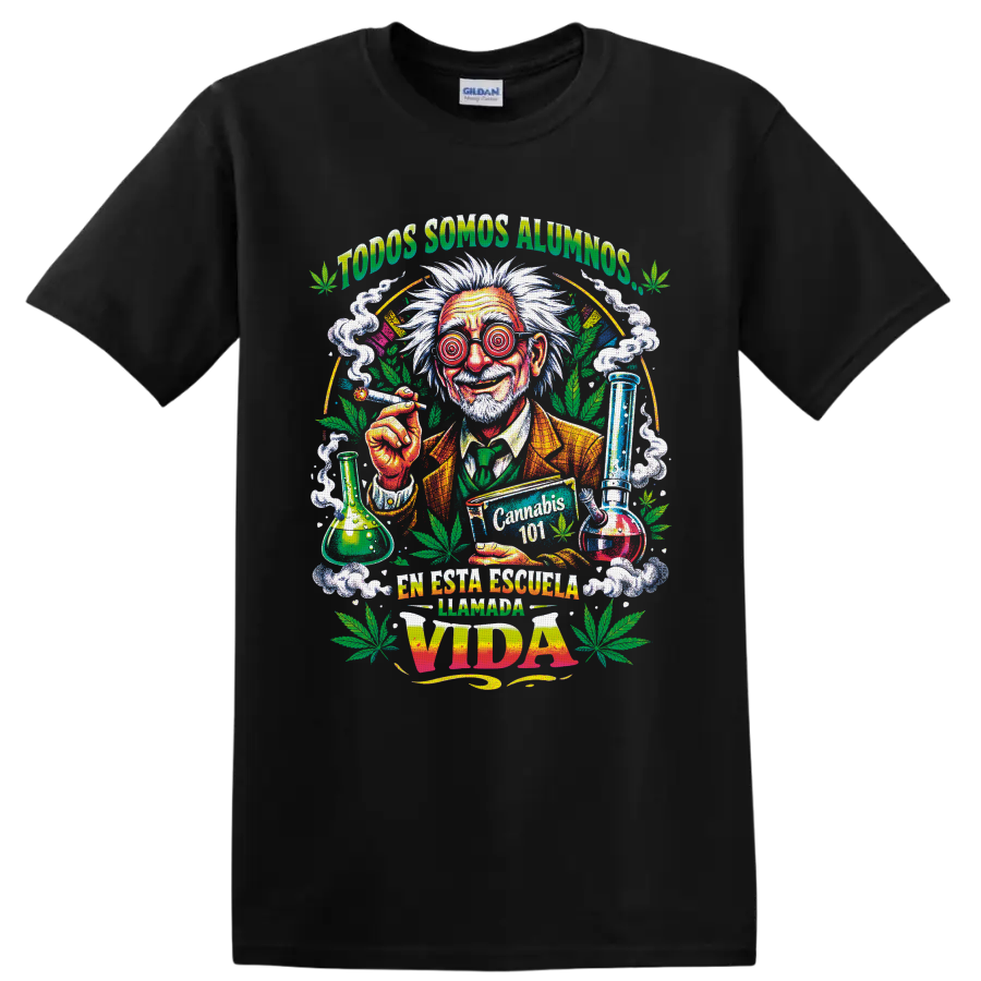 Psychedelic mad scientist Cannabis 101 graphic with leaves, smoke, and lab glassware on a Black T Shirt