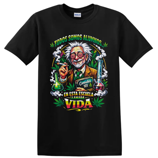 Psychedelic mad scientist Cannabis 101 graphic with leaves, smoke, and lab glassware on a Black T Shirt