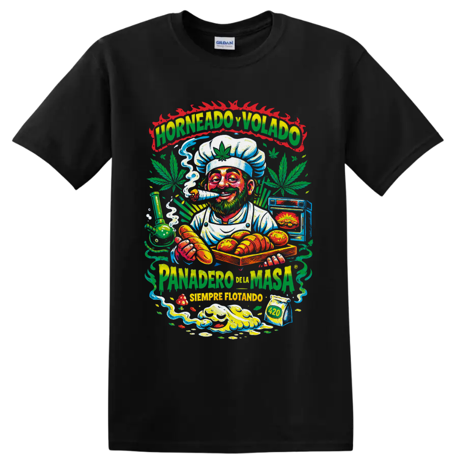 Colorful 420 cannabis baker chef graphic with pastries, leaves, smoke, and Spanish text on a Black T Shirt