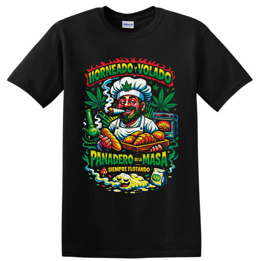 Colorful 420 cannabis baker chef graphic with pastries, leaves, smoke, and Spanish text on a Black T Shirt