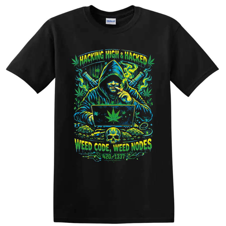 Hacking High wizard with cannabis leaves, smoke, computer, skull, and water pipes on a Black T Shirt