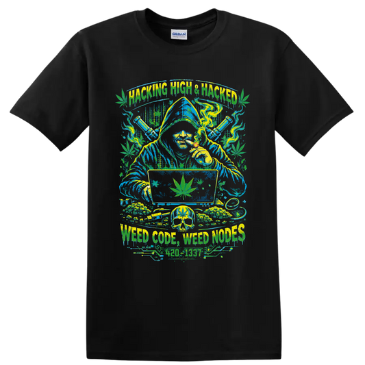 Hacking High wizard with cannabis leaves, smoke, computer, skull, and water pipes on a Black T Shirt