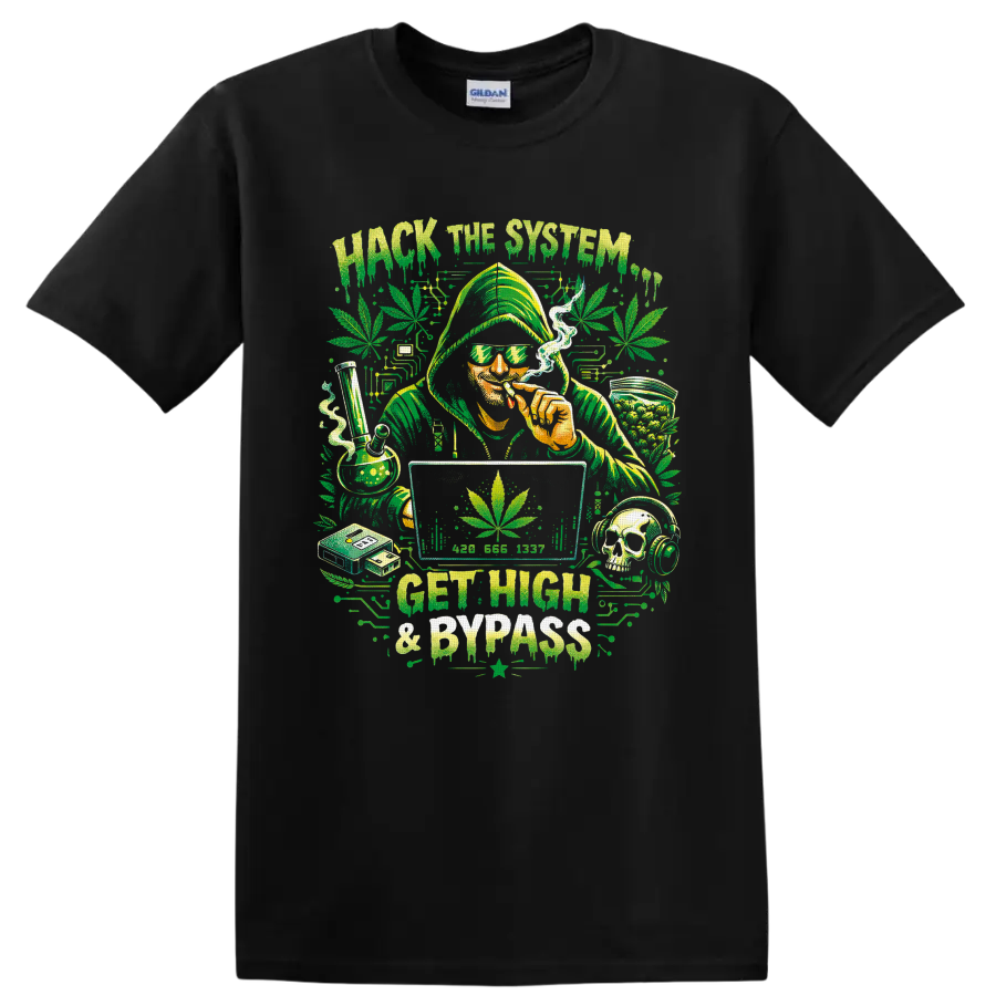 Hooded cannabis smoker with bong, computer, skull headphones, and Hack the System text on a Black T Shirt