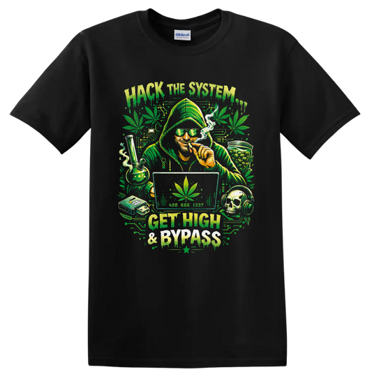 Hooded cannabis smoker with bong, computer, skull headphones, and Hack the System text on a Black T Shirt