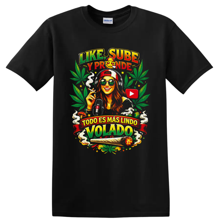 Cannabis culture woman with headphones, microphone, leaves, and Spanish slogan art on a Black T Shirt