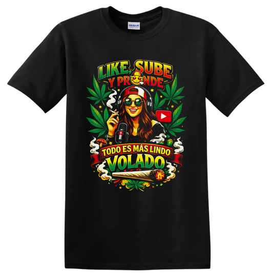 Cannabis culture woman with headphones, microphone, leaves, and Spanish slogan art on a Black T Shirt