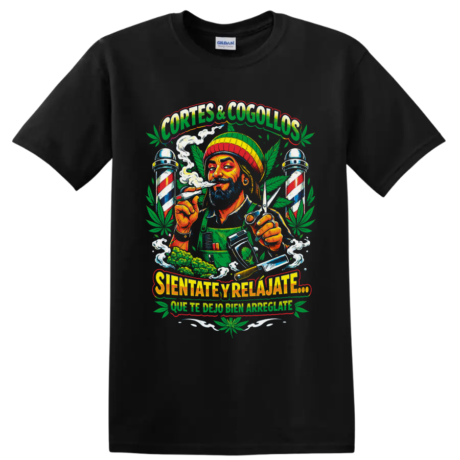 Colorful cannabis barber illustration with scissors, striped poles, smoke, and leaves on a Black T Shirt