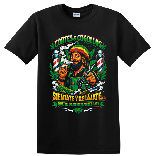Colorful cannabis barber illustration with scissors, striped poles, smoke, and leaves on a Black T Shirt