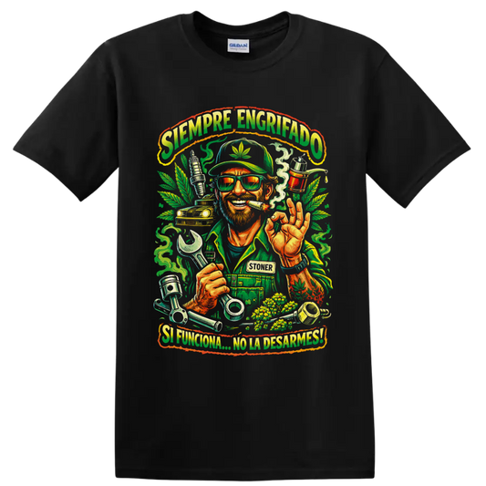 Cannabis mechanic with wrench, leaves, engine parts, and Siempre Engrifado lettering on a Black T Shirt