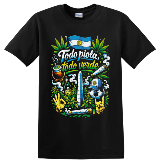 Argentina 420 collage with sun flag, mate, soccer, obelisk, cannabis leaves and smoke on a Black T Shirt