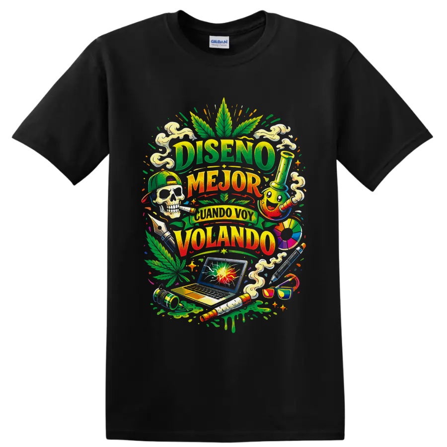 Colorful cannabis culture collage with Spanish lettering, leaf, skull, bong, and laptop on a Black T Shirt