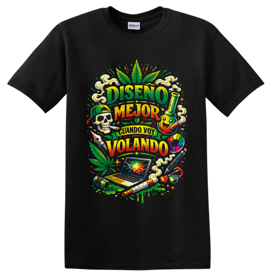 Colorful cannabis culture collage with Spanish lettering, leaf, skull, bong, and laptop on a Black T Shirt