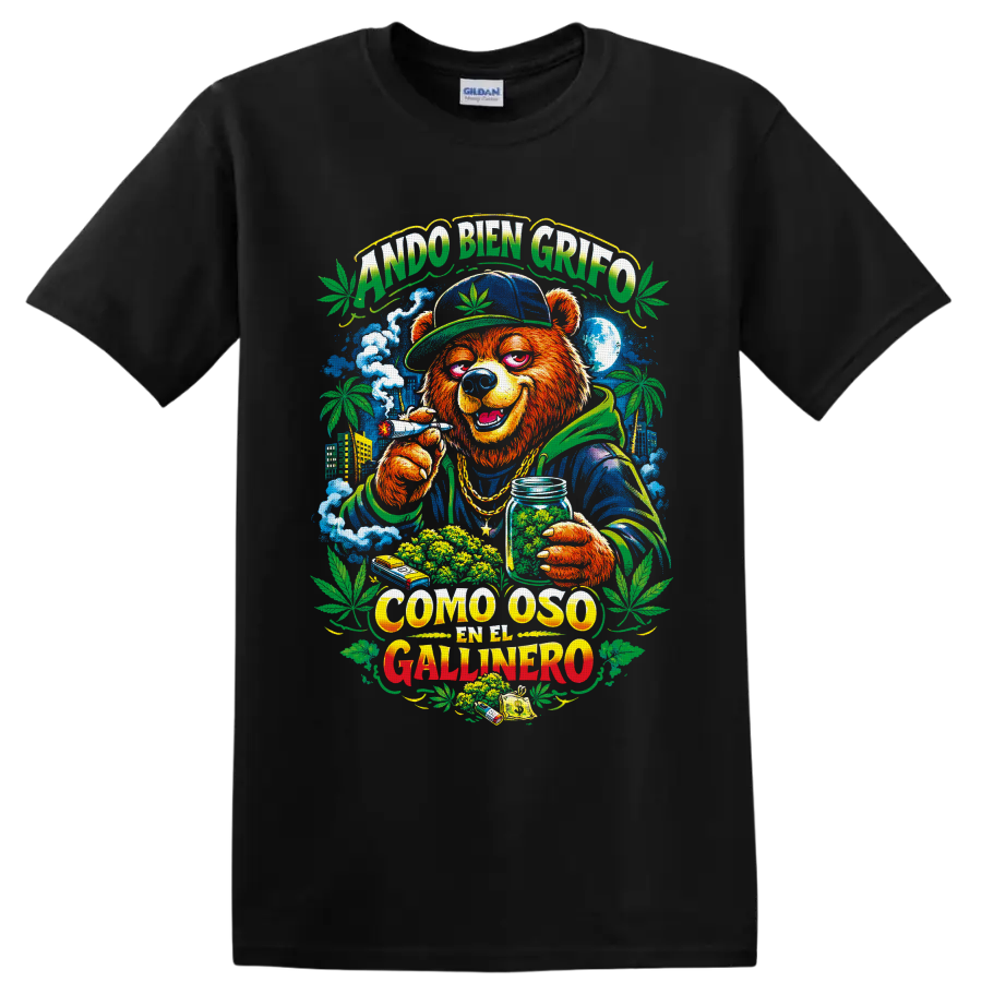 Cannabis bear street-art graphic with Spanish text, city skyline, leaves, and smoke on a Black T Shirt