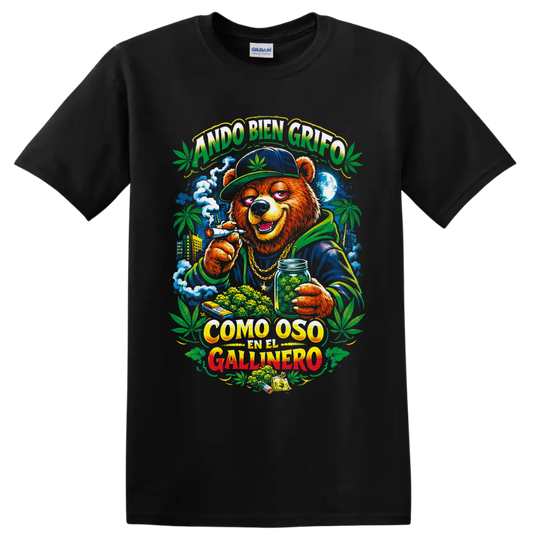 Cannabis bear street-art graphic with Spanish text, city skyline, leaves, and smoke on a Black T Shirt