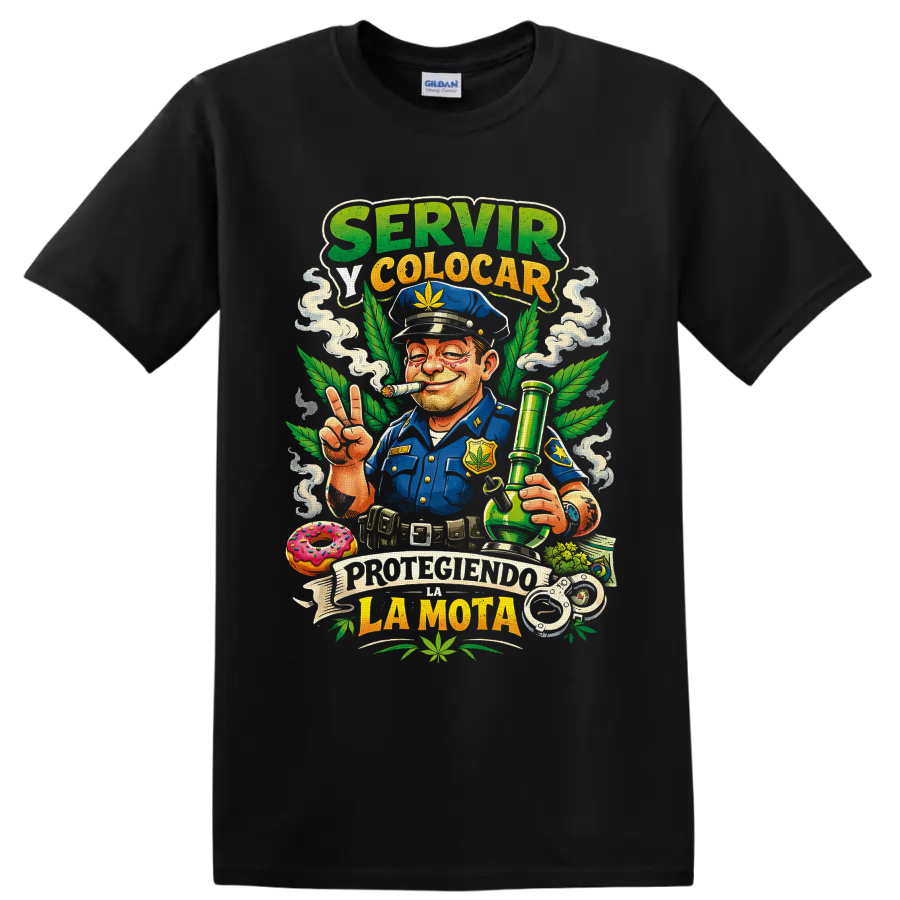 Cannabis police parody cartoon officer with bong, leaves, smoke, and Spanish text on a Black T Shirt