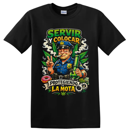 Cannabis police parody cartoon officer with bong, leaves, smoke, and Spanish text on a Black T Shirt