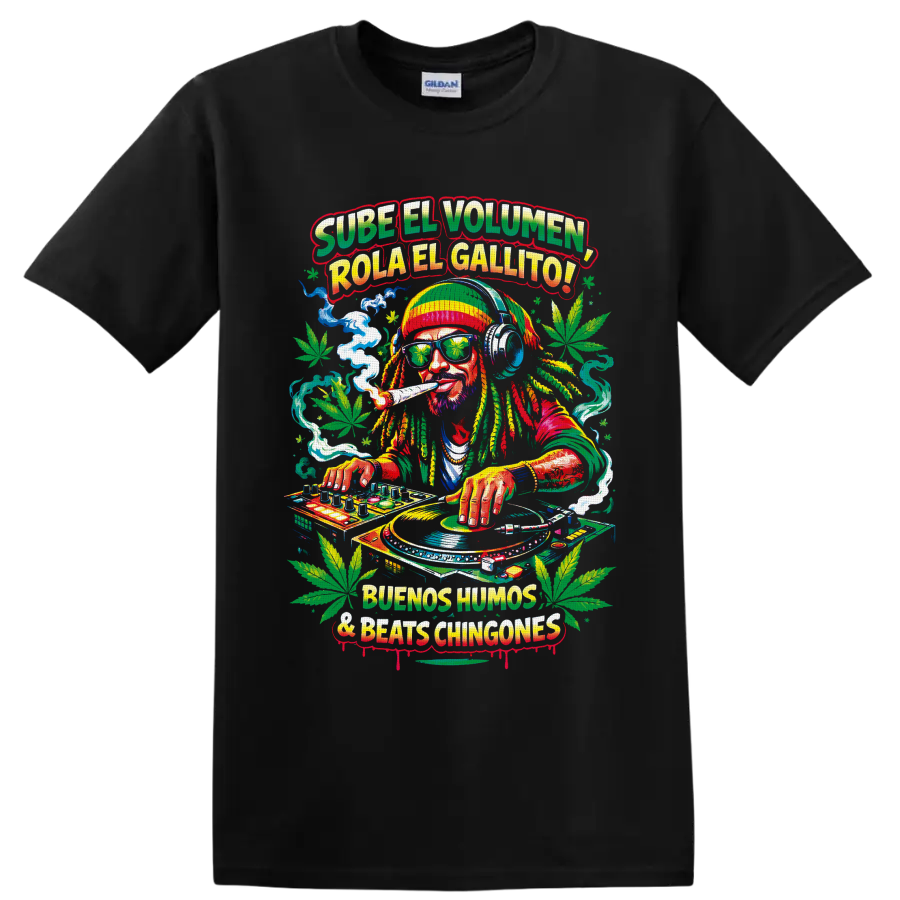 Cannabis DJ with turntables, headphones, smoke, leaves, and Spanish reggae-style text on a Black T Shirt