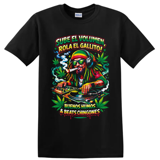 Cannabis DJ with turntables, headphones, smoke, leaves, and Spanish reggae-style text on a Black T Shirt