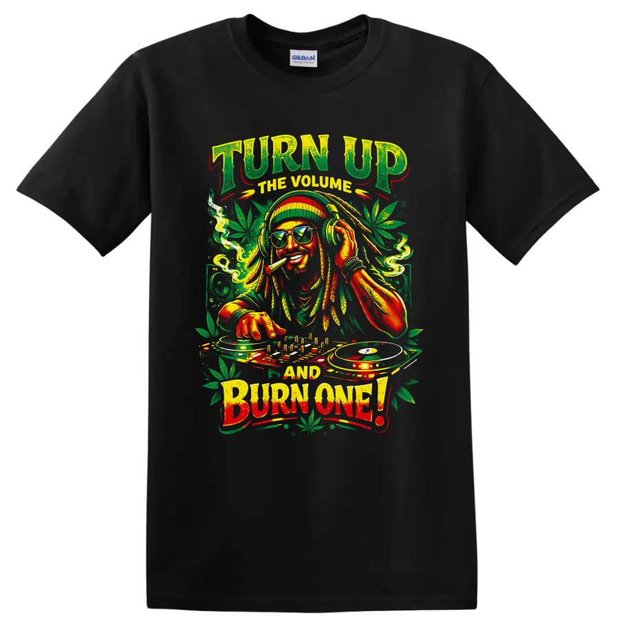 Cannabis DJ with turntables, headphones, leaves, and Turn Up the Volume Burn One text on a Black T Shirt