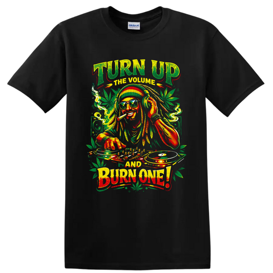 Cannabis DJ with turntables, headphones, leaves, and Turn Up the Volume Burn One text on a Black T Shirt