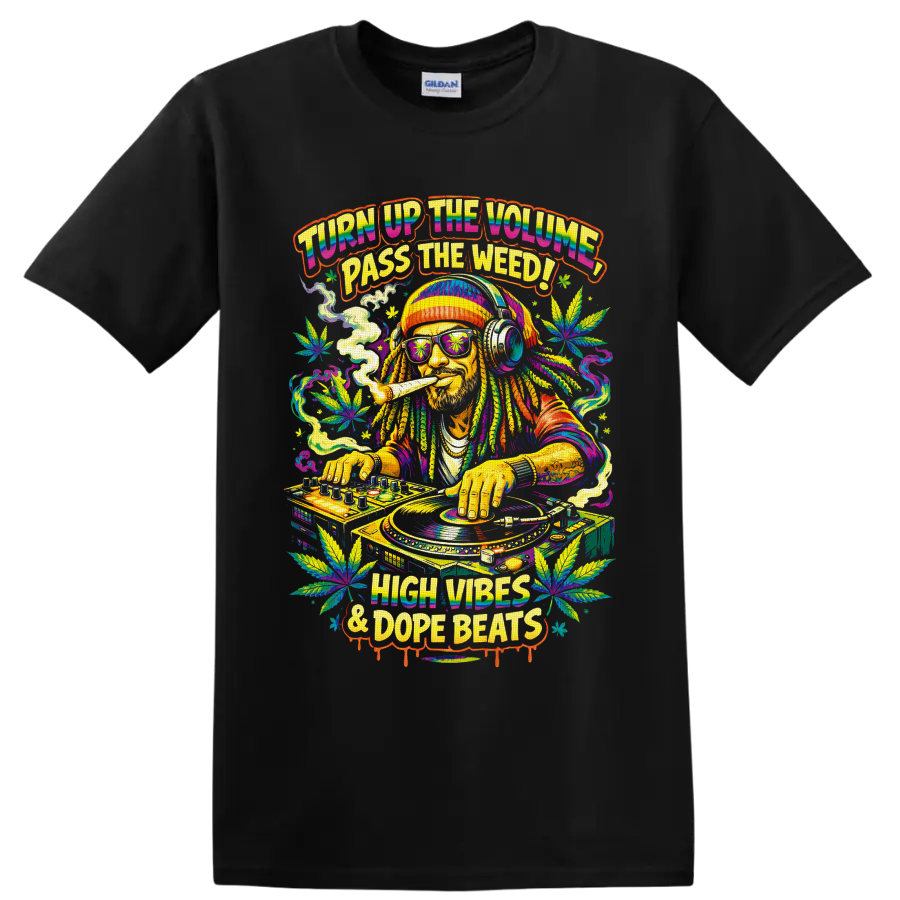 Psychedelic cannabis DJ at turntables with leaves and High Vibes & Dope Beats text on a Black T Shirt