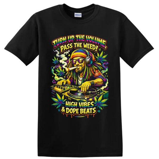 Psychedelic cannabis DJ at turntables with leaves and High Vibes & Dope Beats text on a Black T Shirt