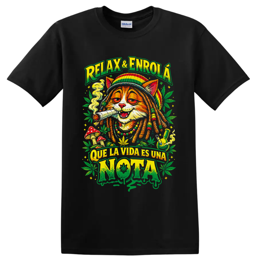 Rasta cat cannabis graphic with smoke, mushrooms, leaves, and Que La Vida Es Una Nota text on a Black T Shirt