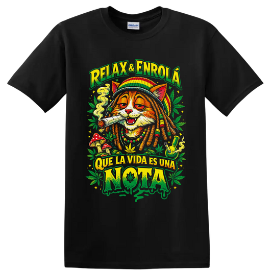 Rasta cat cannabis graphic with smoke, mushrooms, leaves, and Que La Vida Es Una Nota text on a Black T Shirt