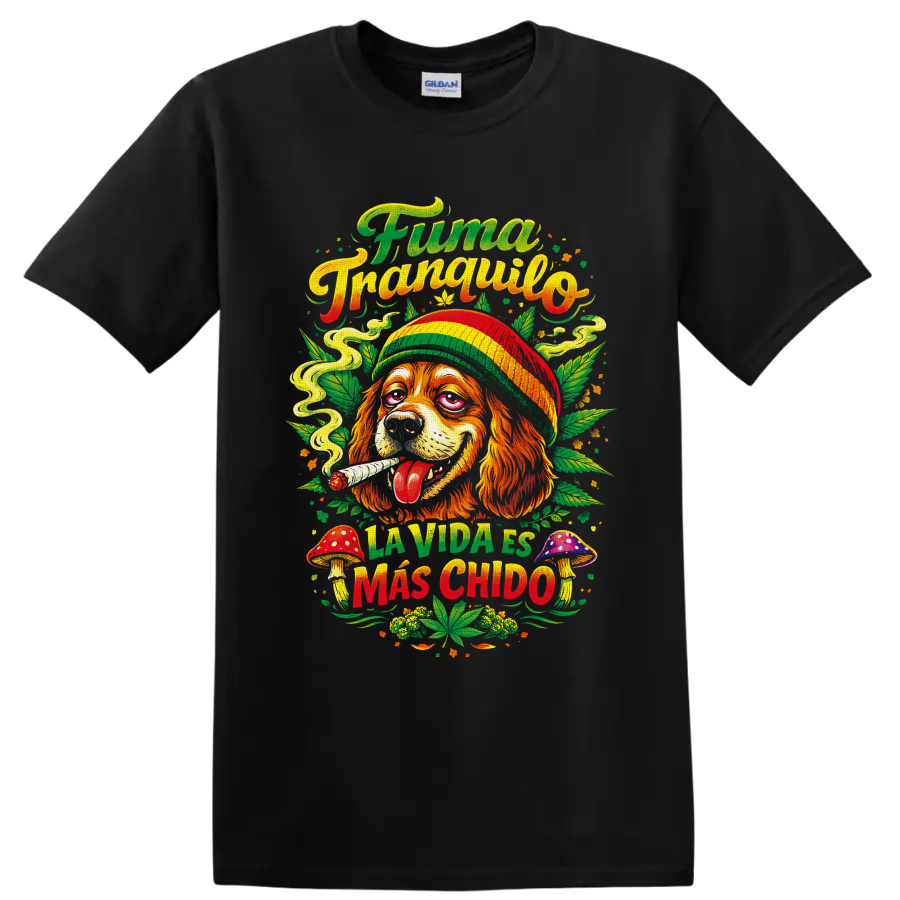 Psychedelic cannabis dog in striped hat with mushrooms and Fuma Tranquilo lettering on a Black T Shirt
