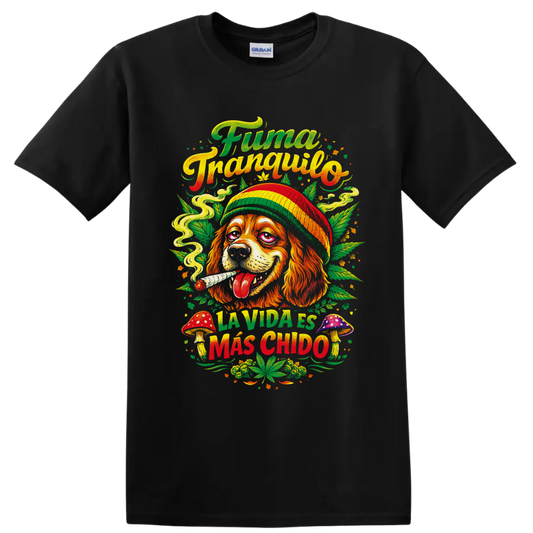 Psychedelic cannabis dog in striped hat with mushrooms and Fuma Tranquilo lettering on a Black T Shirt