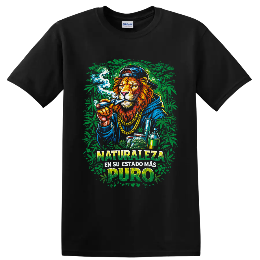 Street-art lion with cannabis leaves and Naturaleza en su estado mas puro text on a Black T Shirt