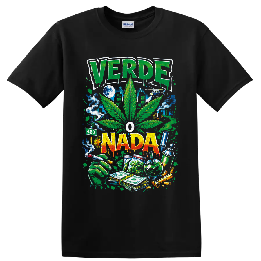 VERDE O NADA cannabis leaf street-art graphic with smoke, skyline, cash and 420 sign on a Black T Shirt