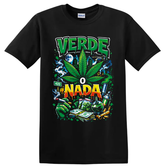 VERDE O NADA cannabis leaf street-art graphic with smoke, skyline, cash and 420 sign on a Black T Shirt