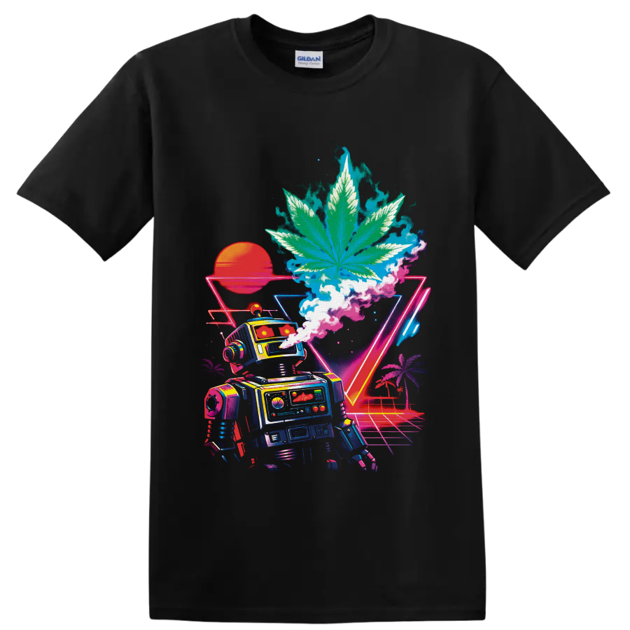 Neon vaporwave robot beneath a giant cannabis leaf with sunset, palms, and grid on a Black T Shirt