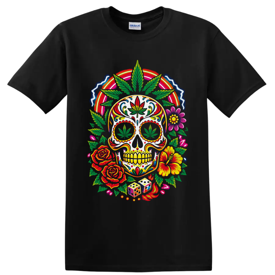 Psychedelic cannabis sugar skull with flowers, dice, flames, and rainbow arch on a Black T Shirt