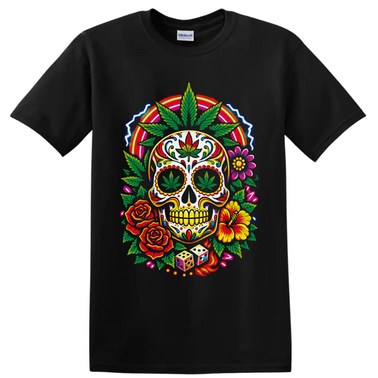 Psychedelic cannabis sugar skull with flowers, dice, flames, and rainbow arch on a Black T Shirt