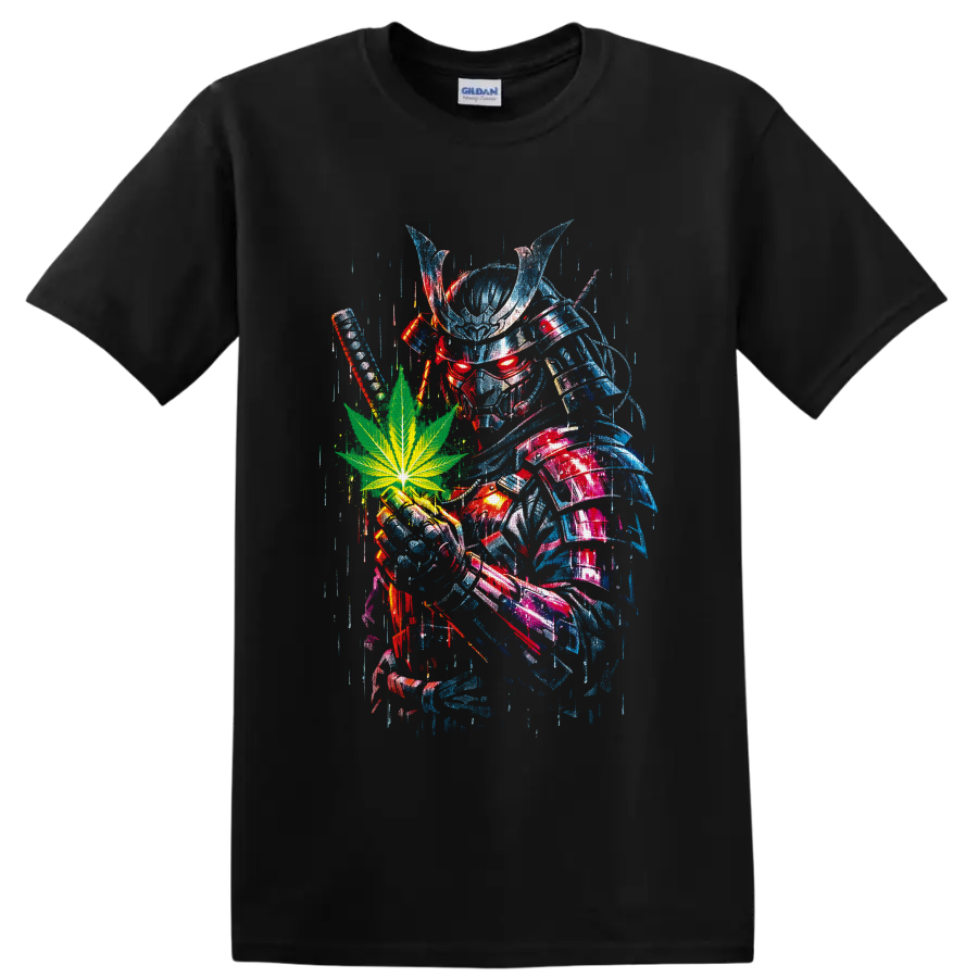 Cyber rabbit skull with green cannabis leaf in distressed blue and red glitch art on a Black T Shirt