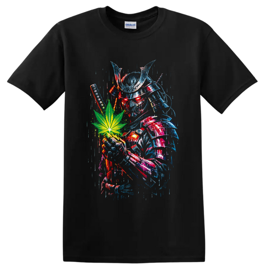 Cyber rabbit skull with green cannabis leaf in distressed blue and red glitch art on a Black T Shirt
