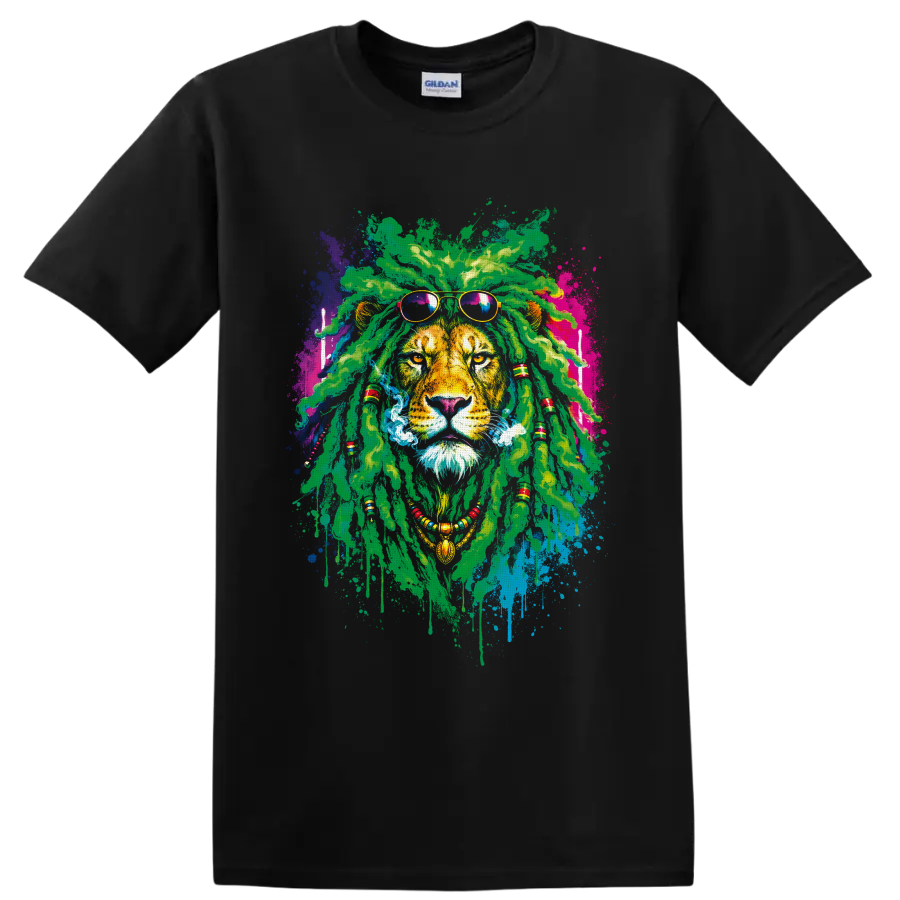 Rasta lion portrait with green dreadlocks, sunglasses, beads, smoke, and paint splashes on a Black T Shirt