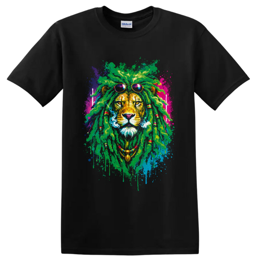 Rasta lion portrait with green dreadlocks, sunglasses, beads, smoke, and paint splashes on a Black T Shirt